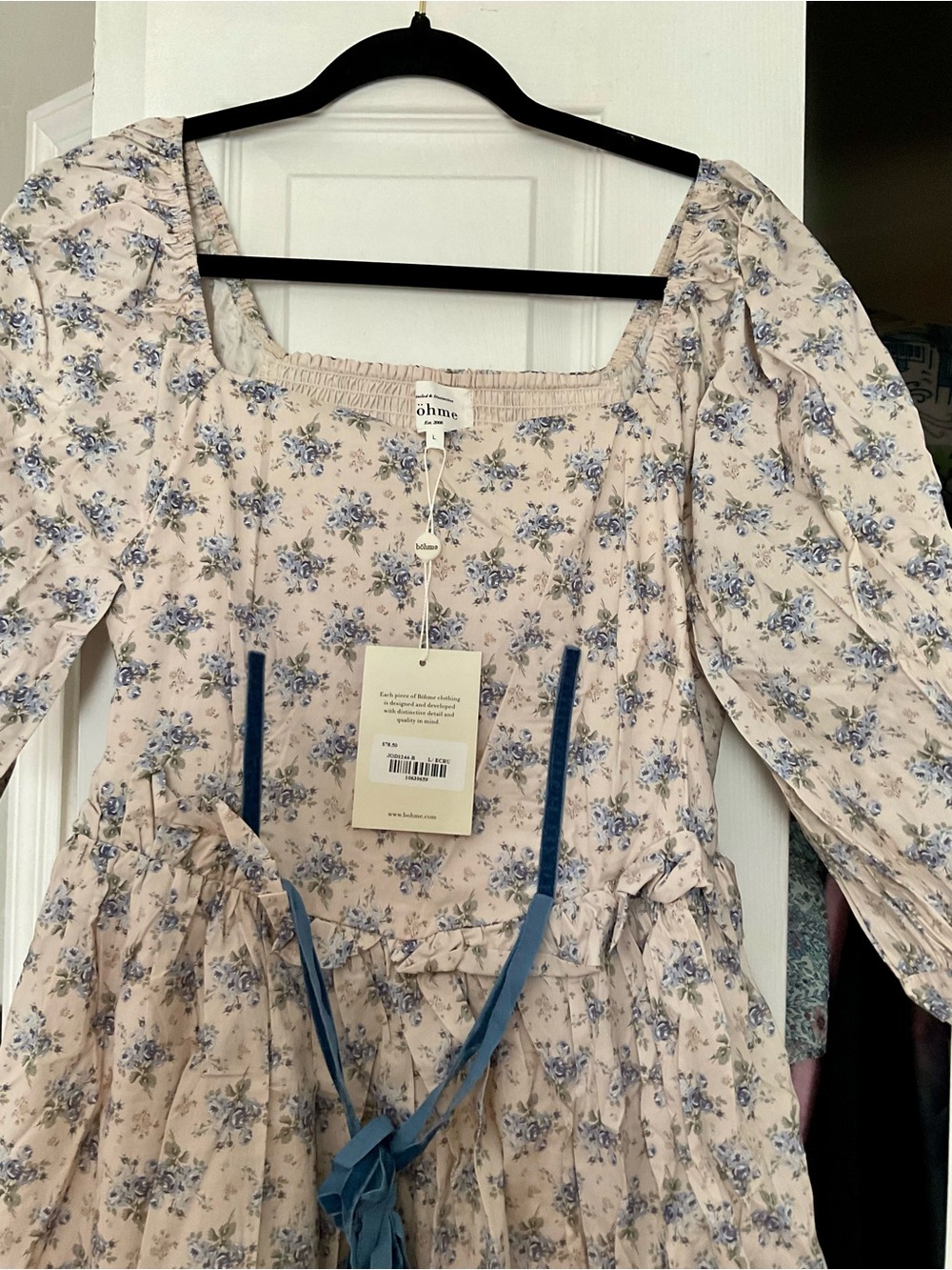 bohme Cream Midi Dress with Blue Floral Print and Blue Ribbon Ties L NWT - Picture 4 of 5